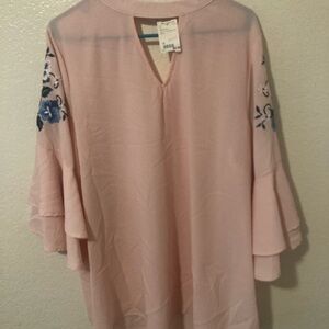 Elegant Pink Blouse with Blue Floral Details